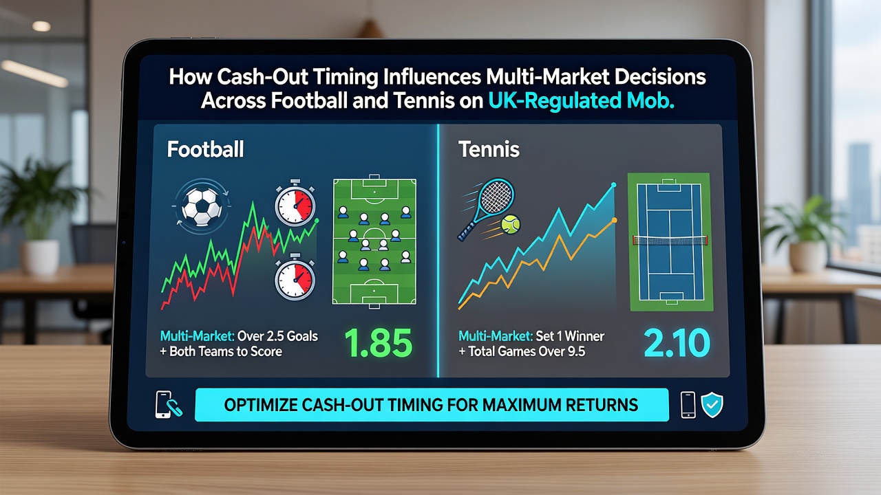 Split screen view of tennis match odds and football live stats with active cash-out buttons on a smartphone display