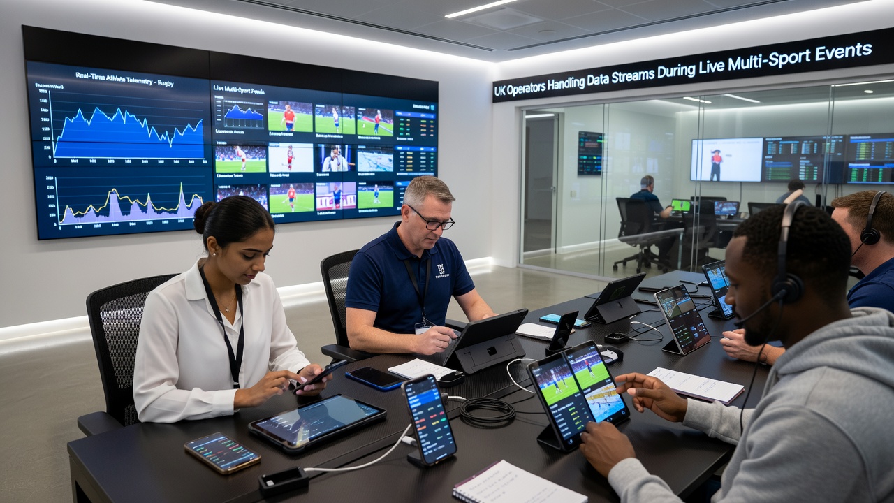 Mobile app interface displaying synchronized real-time sports data streams for multiple events on a UK operator platform