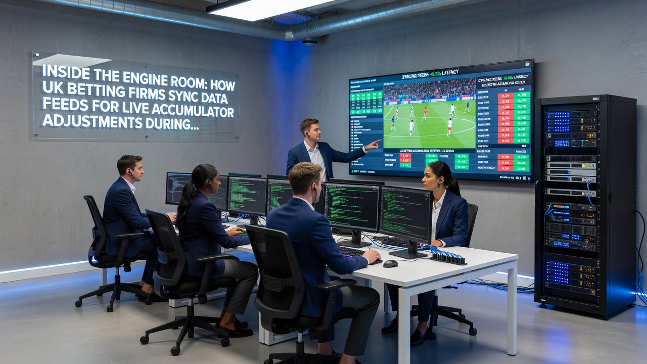 Live operations center view with multiple screens displaying synchronized sports data feeds and accumulator odds updates